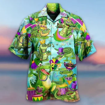 Нова Кубинска Риза с Изображение на Крокодил, Kawai, Хавайски Плаж Почивка, Реколта Блузи с Къс Ръкав, Алоха, Оверсайз, за Мъже И Жени
