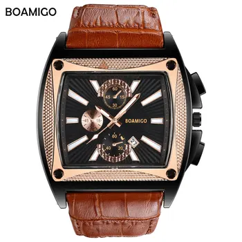 Марка BOAMIGO мъжки кварцов часовник с голям циферблат модерен ръчен часовник stlye кафява кожена каишка автоматична дата подарък часовник relogio masculino