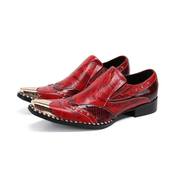 Червени мъжки обувки От естествена Кожа с остри пръсти В Класически Стил Без Шнур, Сватбени Бизнес Маркови обувки, Големи Размери 46