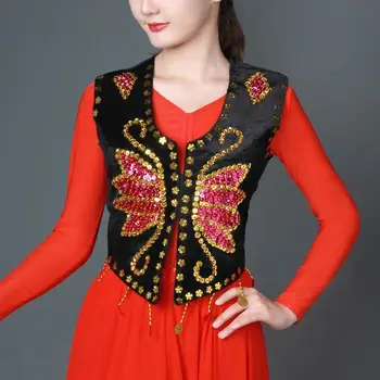Китайски Синцзян-уйгурския Женски Танцов Жилетка С Пайети Сценичното Представяне Блестящ Етнически
