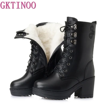 GKTINOO/Дамски зимни обувки От естествена Кожа на Висок Ток, топли дамски Ботуши От Дебела Вълна, Висококачествени дамски Зимни Обувки Дантела