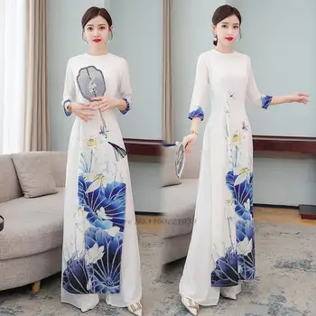 2022 aodai рокля елегантна китайското рокля + панталони комплект с ориенталски флорални принтом qipao виетнамски облекло ao dai елегантна вечерна рокля