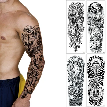 Пълен Ръкав Татуировки Ръце Временно За Мъже Маорите Вълк Фалшиви Големи 3D Татуировки Етикети