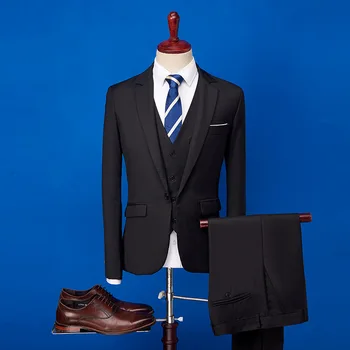 2020 Черен Мъжки костюм, комплект от 3 теми, Приталенные Ежедневни Смокинги на равна подметка с една пуговицей За Сватба и абитуриентски бал (яке + панталон + елек), костюм homme