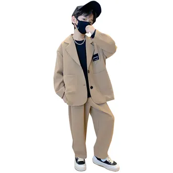 Детски костюм за момчета, Сако + Панталон, Комплект от две части, Черно, каки, Пролет-Есен, Корейски Детски Случайни Официално Мек Комплект дрехи от 5 до 14 години