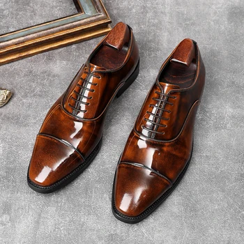 Луксозни мъжки обувки от лачена кожа; Колекция 2022 г.; Есенни маркови дизайнерски модни oxfords в британския стил; мъжки офис официалната обувки дантела; черни обувки